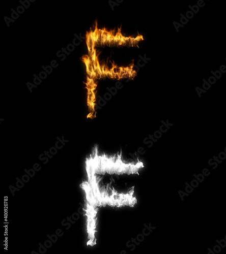 3D illustration of the letter f on fire with alpha layer