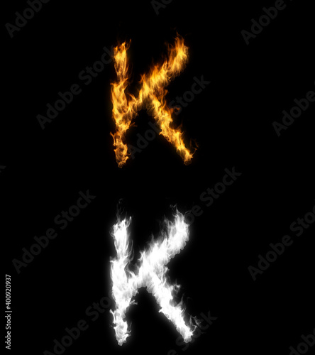3D illustration of the letter k on fire with alpha layer