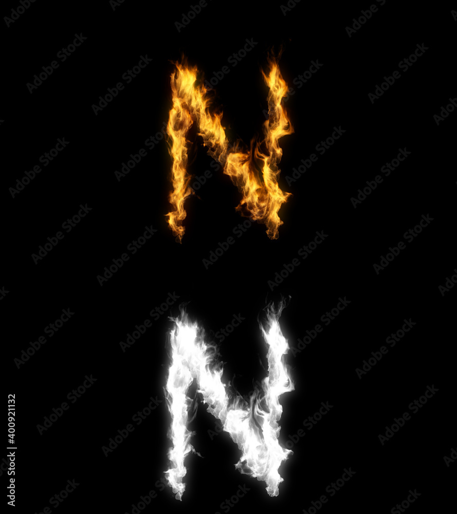 3D illustration of the letter n on fire with alpha layer 3D illustration of the letter n on fire with alpha layer