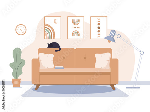 Cozy living room in scandinavian style. Interior design concept with comfy furniture. Vector illustration in cartoon hygge style.