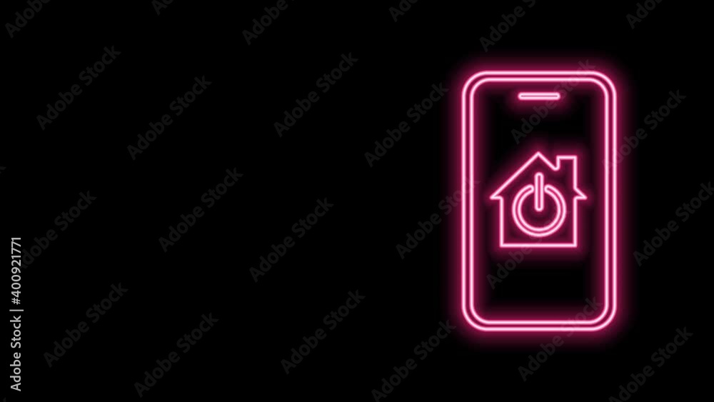 Glowing neon line Mobile phone with smart home icon isolated on black background. Remote control. 4K Video motion graphic animation Glowing neon line Mobile phone with smart home icon isolated on black background. Remote control. 4K Video motion graphic animation