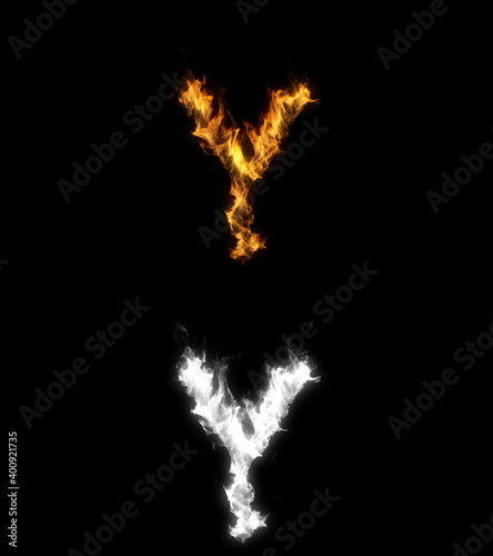 3D illustration of the letter y on fire with alpha layer