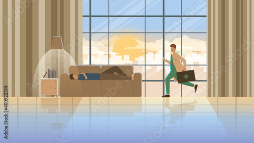 Heart attack a man with chest pain lying on sofa alone at home. Doctor suddenly run for first aid sick patient. Medical emergency case in early morning sunrise. Career of work hard and responsibility.