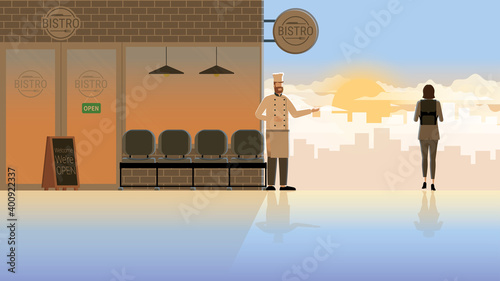 Economics crisis failure problem concept of empty bistro restaurant. Small business owner-chef beard man stands at the front shop to invite customers on a pathway. Alone in the early morning sunrise.