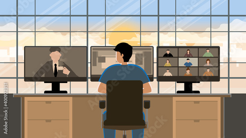 The online freelance lifestyle concept of work hard over time. Working from home on desktop computer in house workplace at the early morning sunrise. Video conference meeting with boss and colleague.