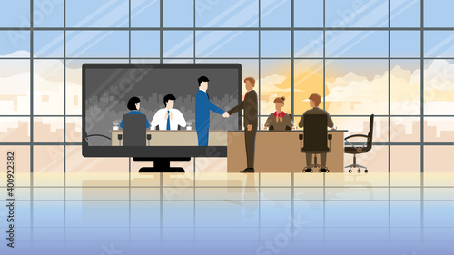 Online business partner in difference time zone concept. Joint venture in teleconference meeting room from workplace to another office. Greeting businessman handshake with team employee agreement.
