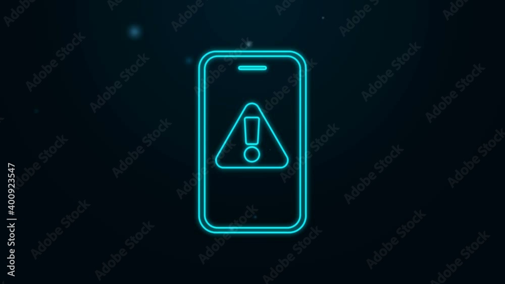 Glowing neon line Mobile phone with exclamation mark icon isolated on black background. Alert message smartphone notification. 4K Video motion graphic animation Glowing neon line Mobile phone with exclamation mark icon isolated on black background. Alert message smartphone notification. 4K Video motion graphic animation