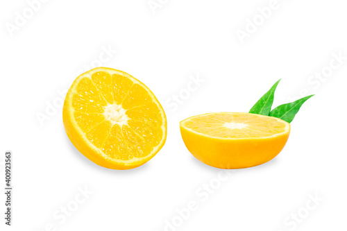 Orange fruit cut in half on a white background