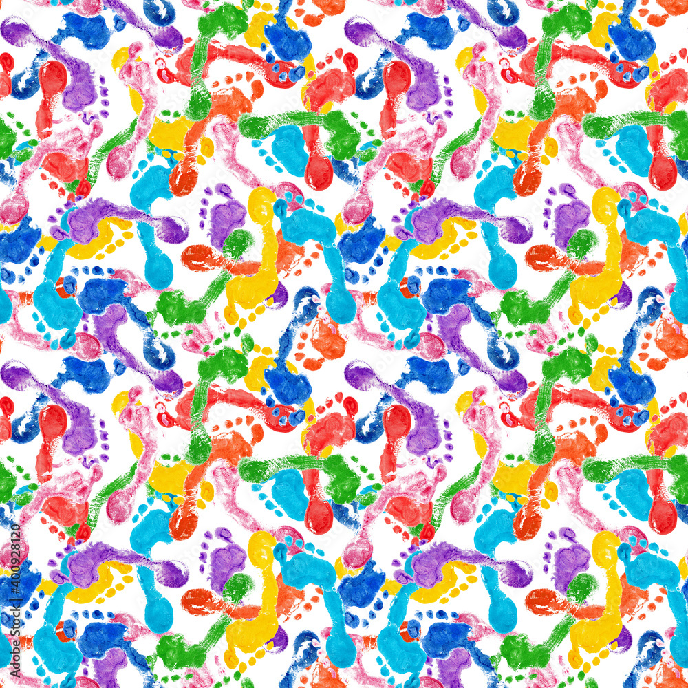 Seamless pattern of colorful human footprints white background isolated, multicolor barefoot footsteps repeating ornament, chaotic foot prints, bright bare feet stains, abstract chaos art illustration Seamless pattern of colorful human footprints white background isolated, multicolor barefoot footsteps repeating ornament, chaotic foot prints, bright bare feet stains, abstract chaos art illustration
