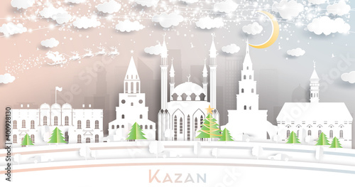 Kazan Russia City Skyline in Paper Cut Style with Snowflakes, Moon and Neon Garland.