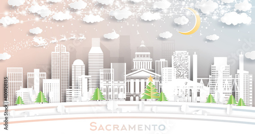 Sacramento California USA City Skyline in Paper Cut Style with Snowflakes, Moon and Neon Garland.