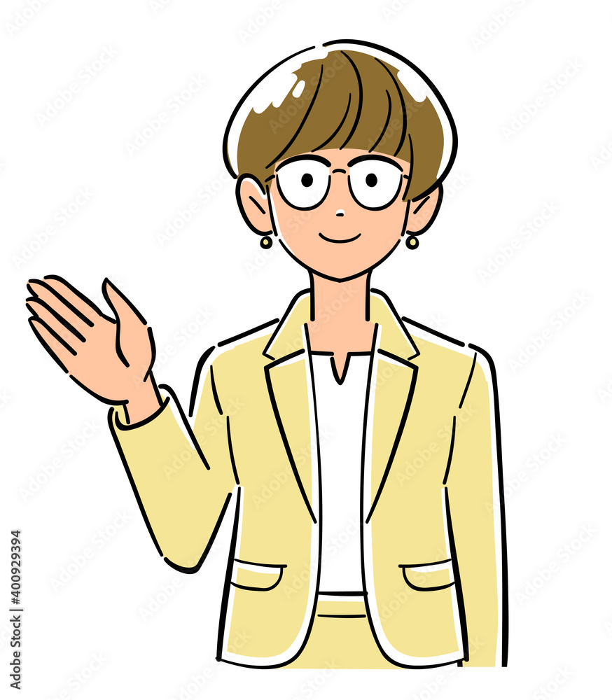 手のひらを右側に向ける眼鏡をかけたビジネスウーマンの上半身
