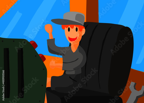 The man waved his hand, he was sitting on some machinery.