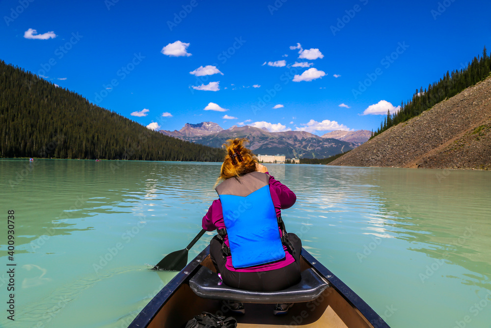 Canoeing on Lake Louise. Lake Louise is the second most-visited destination in the Banff National Park. 