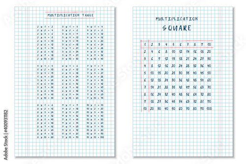 set of handdrawn multiplication table and multiplication square on checkered notebook sheets. vector illustration for printing on children's textbooks, posters, cards. educational materials