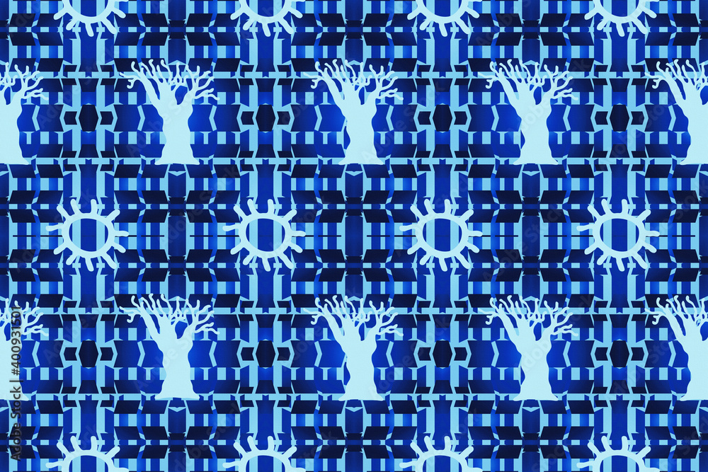 African fabric – Textured Baobabs trees and suns – Blue color African fabric – Textured Baobabs trees and suns – Blue color