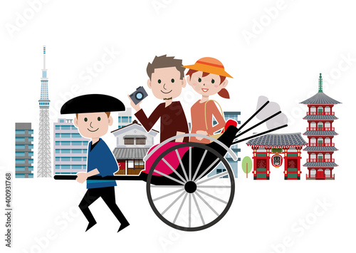 人力車　浅草　観光　カップル