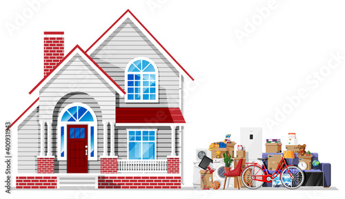 Wooden building full of home stuff inside. Moving to new house. Family relocated to new home. Boxes with goods. Package transportation. Computer, lamp, clothes, books. Flat vector illustration