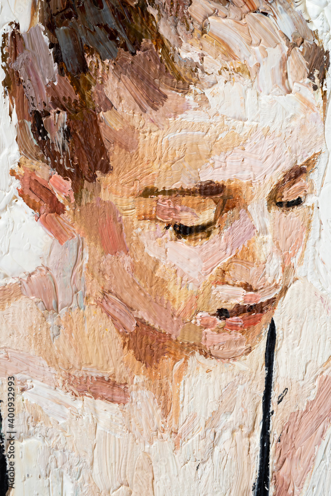 Fragment of a portrait of a young beautiful girl. Oil painting on canvas.