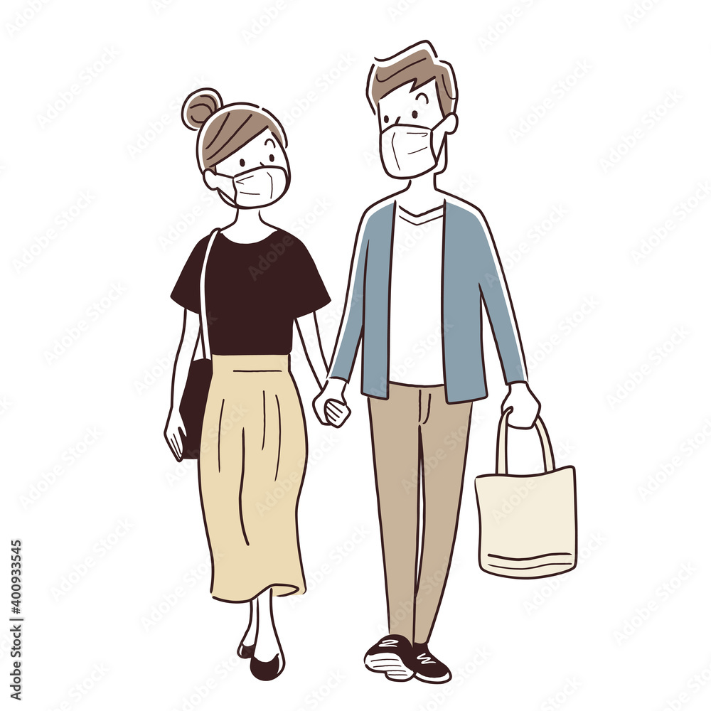 ベクターイラスト素材：夫婦、カップルで買い物、マスク
