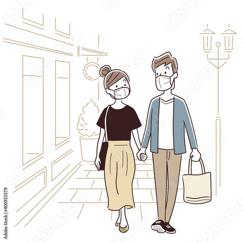 ベクターイラスト素材：夫婦、カップルで買い物、マスク
