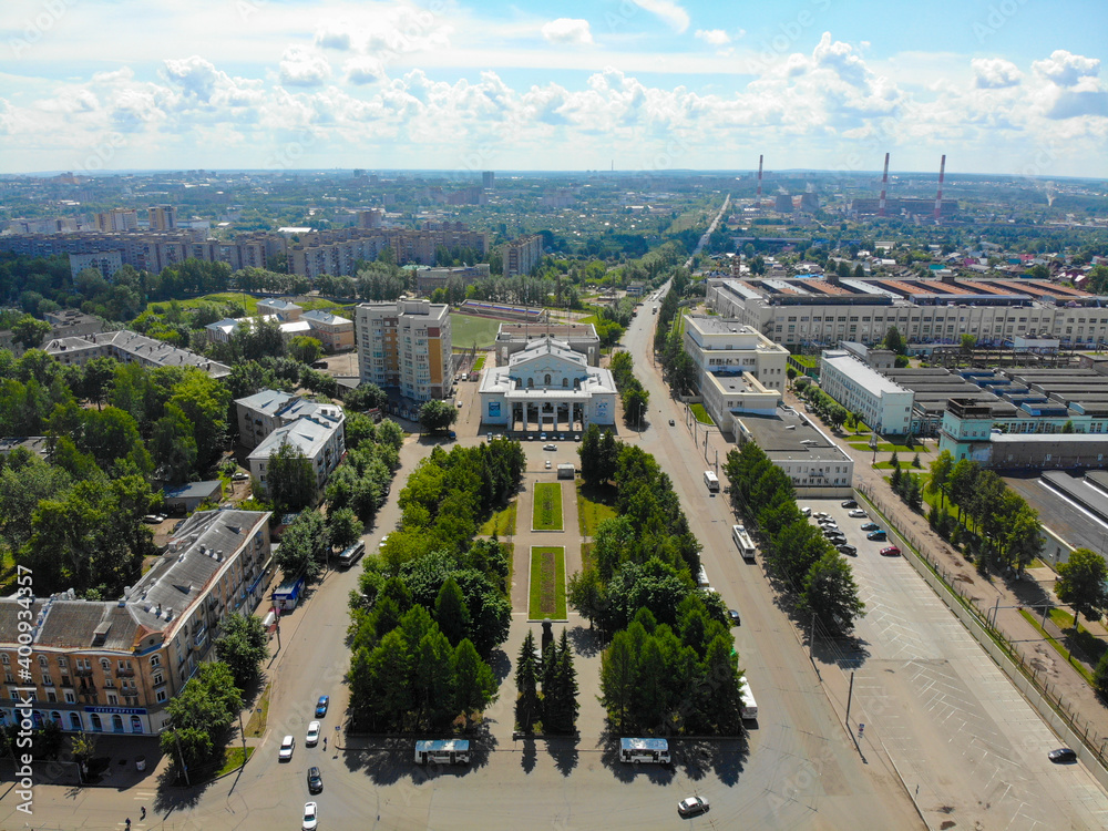 Aerial view of the XX Party Congress Square and the House of Culture (Kirov, Russia)