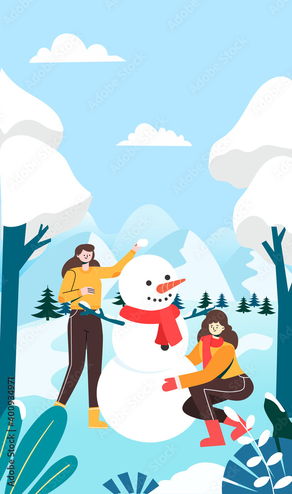 Naklejka premium girl making a snowman together in the cold winter