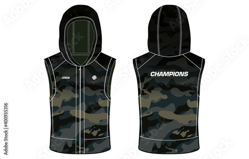 Camouflage Sleeveless Hoodie Tank Top jacket, jersey vest design t-shirt template, sports jersey concept with front and back view for Men and women. Basketball, football, Rugby, training wear.