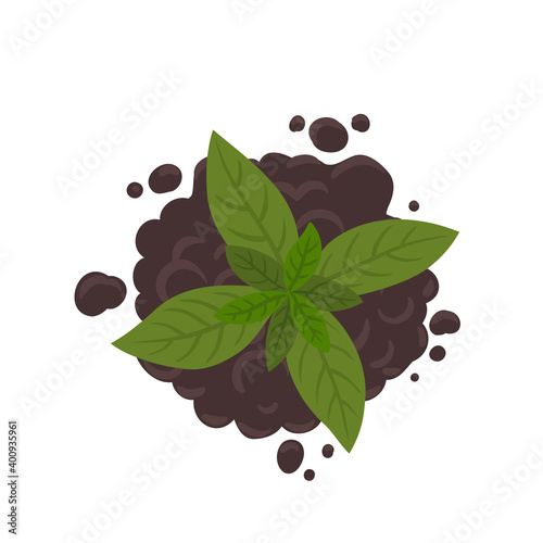 Soil for growing and plant sprout germinate seedlings. On the pile of soil ground. Top view. Vector illustration.