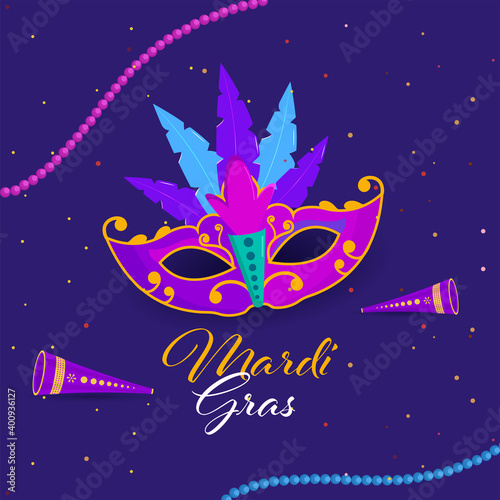 Mardi Gras Font With Party Mask, Vuvuzela And Beads Garland Decorated On Violet Background.