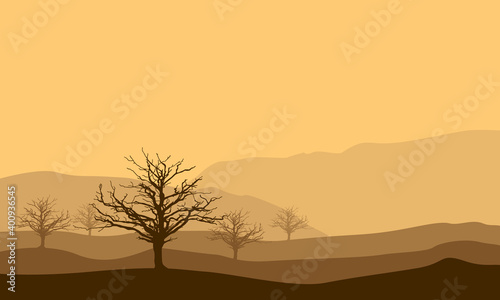 Nice scenery at sunset with tree and mountains silhouette. City vector