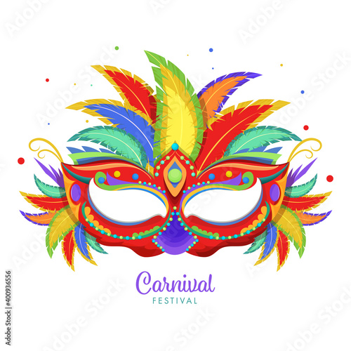 Carnival Festival Concept With Colorful Party Mask And Feathers On White Background.
