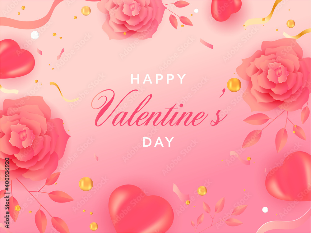 Happy Valentine's Day Text With Top View Rose Flowers, Leaves, 3D Hearts And Ribbon On Glossy Pink Background.