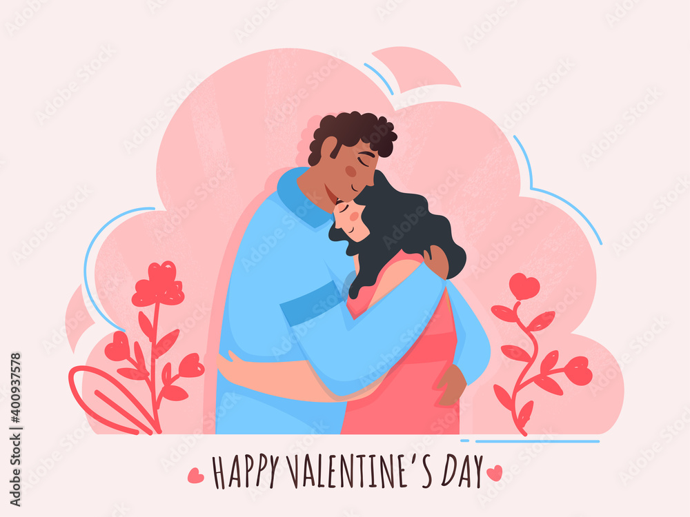 Illustration Of Young Couple Hugging Each Other With Flower Plants On Pink And White Background For Happy Valentine's Day. Illustration Of Young Couple Hugging Each Other With Flower Plants On Pink And White Background For Happy Valentine's Day.