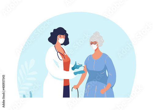 Doctor in clinic giving coronavirus vaccine to an elderly woman, conceptual illustration for immunity health. Adult immunization, covid vaccine. Flat illustration isolated on white background