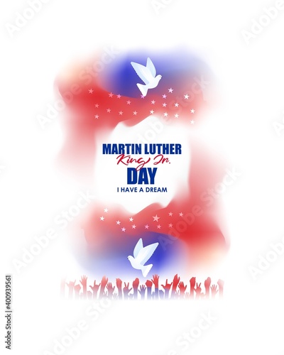 Vector illustration of Martin Luther King Jr. Day banner with, pigeon, stars and freedom hand on abstract background. I have a dream.
