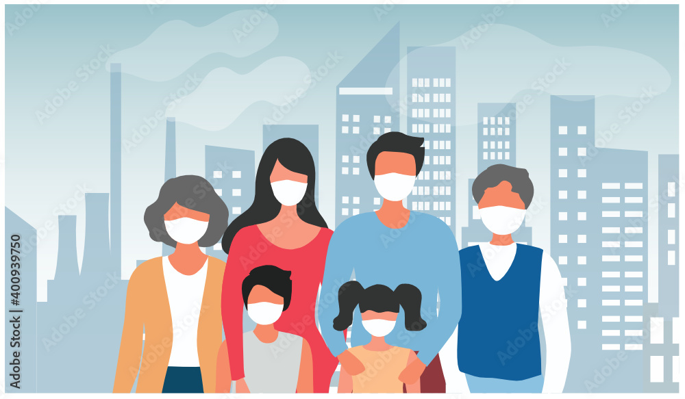 Family wearing face masks tor protect smoke, dust and air pollution in city, factory pipes and industrial smog vector illustration. Environment and air pollution concept background Family wearing face masks tor protect smoke, dust and air pollution in city, factory pipes and industrial smog vector illustration. Environment and air pollution concept background