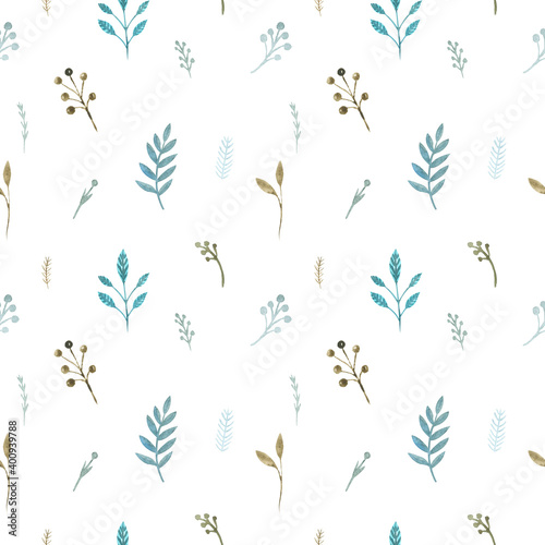 Seamless pattern of floral elements on a white background. Watercolor hand painted boho spring pattern © Evgeniia