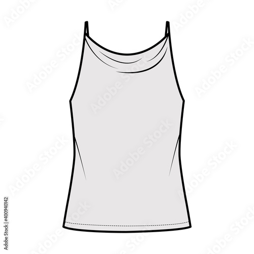 Tank high cowl Camisole technical fashion illustration with thin adjustable straps, oversized, tunic length. Flat apparel outwear top template front, grey color. Women men unisex CAD mockup