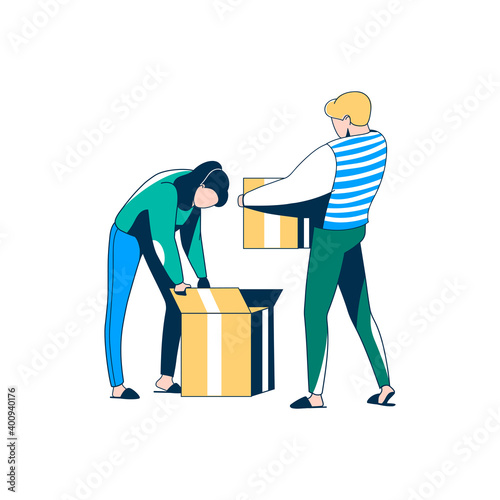 Couple packing or unpacking belongings in boxes. Family moving into new house or apartment. vector illustration
