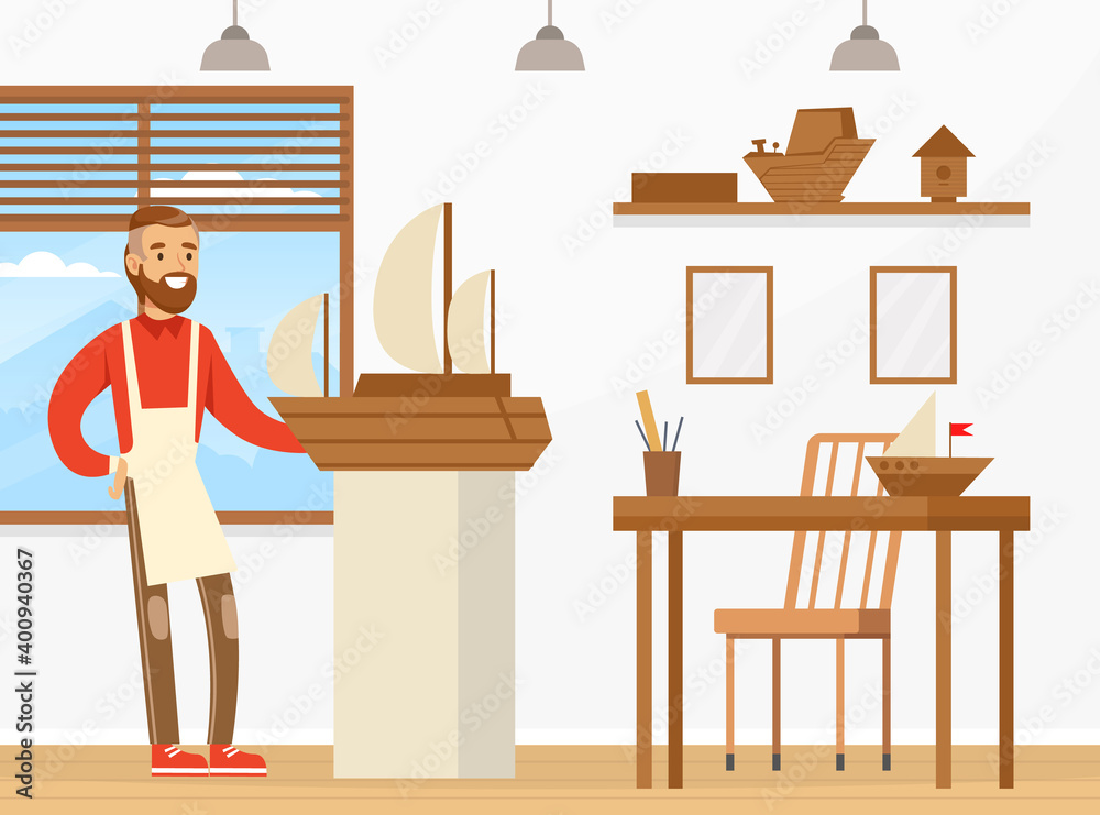 Young Man Engaged in Ship Modelling Vector Illustration Young Man Engaged in Ship Modelling Vector Illustration