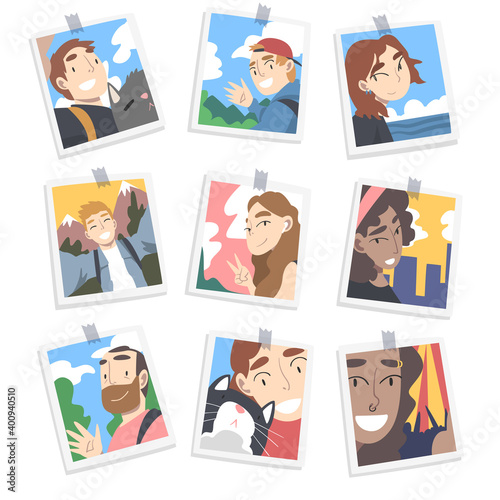 Photographic Print or Selfie Picture with People Characters Smiling Faces on It Vector Set