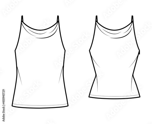Set of Tanks high cowl Camisoles technical fashion illustration with empire seam, thin adjustable straps, tunic length, slim or oversized fit. Flat top template front. Women men unisex CAD mockup