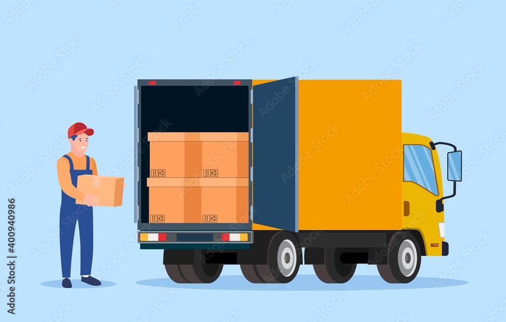 Delivery service concept. moving house. Open delivery truck with