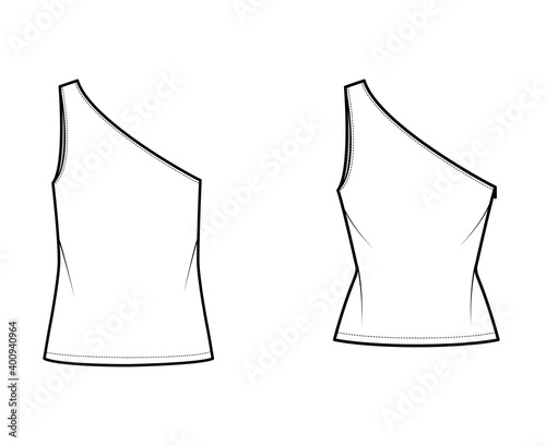 Set of One-shoulder tops tank technical fashion illustration with oversized and fitted body, tunic length hem. Flat shirt apparel template front, white color. Women, men unisex CAD mockup