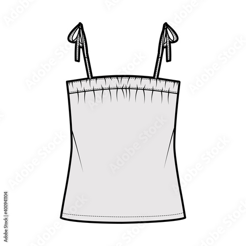 Tank tie strap top technical fashion illustration with ruching, oversized, tunic length. Flat apparel outwear shirt template front, grey color. Women, men unisex CAD mockup