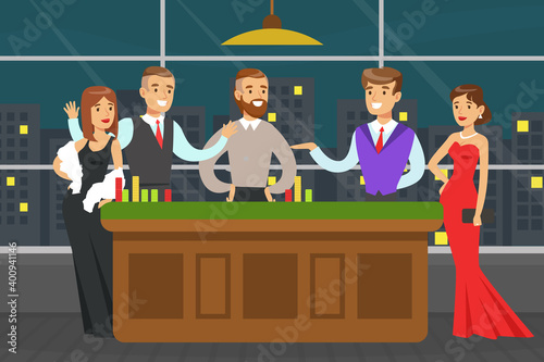 Group of People Characters at Casino Table Playing Poker Game Vector Illustration