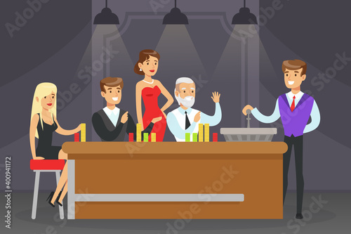 Group of People Characters at Casino Table Playing Poker Game Vector Illustration