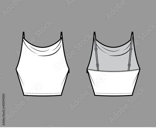 Tank high cowl Crop Camisole technical fashion illustration with thin adjustable straps, slim fit, waist length. Flat outwear top template front, back, white color. Women men unisex CAD mockup