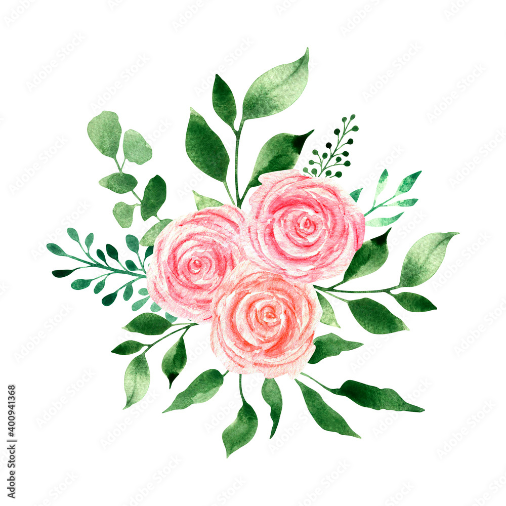 Watercolor bouquet with pink roses and branches of greenery, wedding ...
